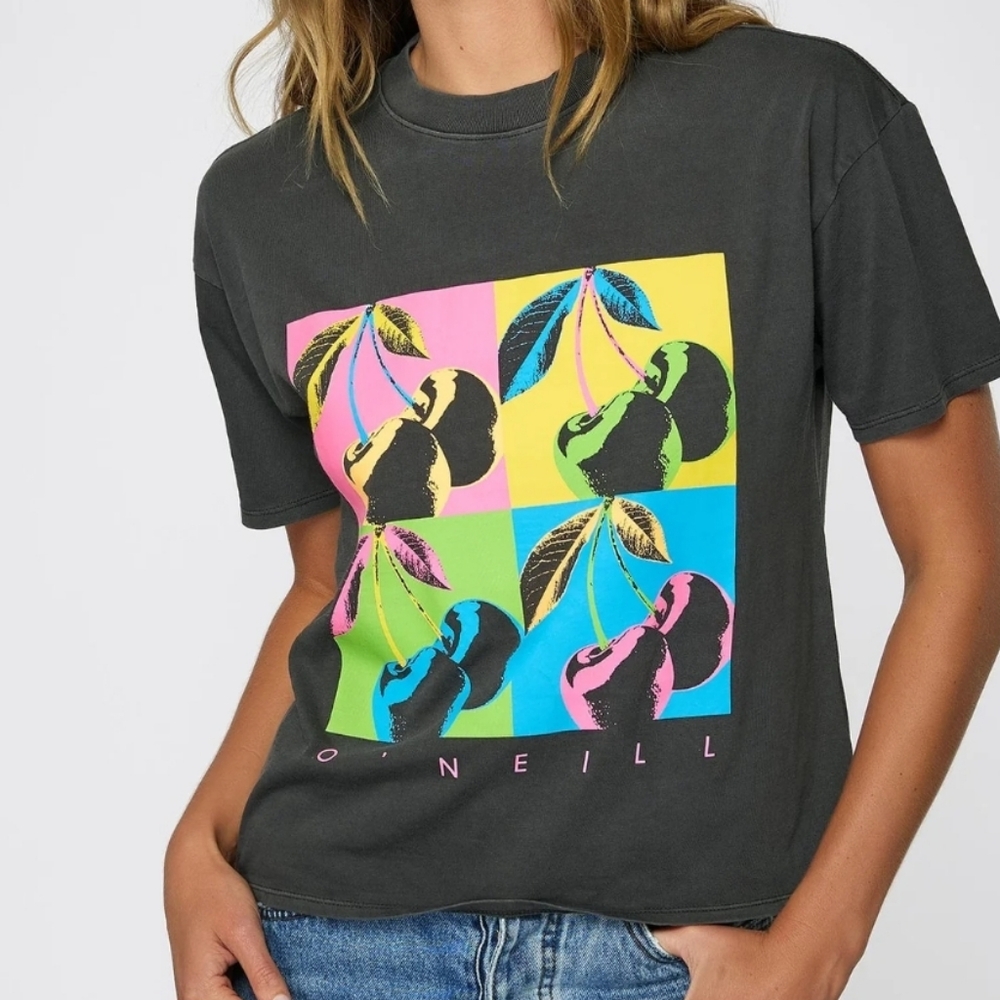 O'Neill Boxy Crop In An Andy Warhol Style Graphic Cherry Print Green Orange Blue
